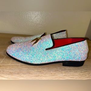 White Glitter Loafers With Tassels